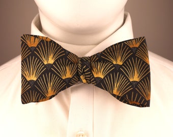 Art Deco Black Gold Print Cotton Self Tie Bow Tie
