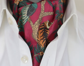 Tiger Peacock Burgundy Print Cotton Ascot Cravat