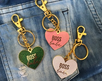 Boss Babe Heart Glitter Bag Charm Keychain