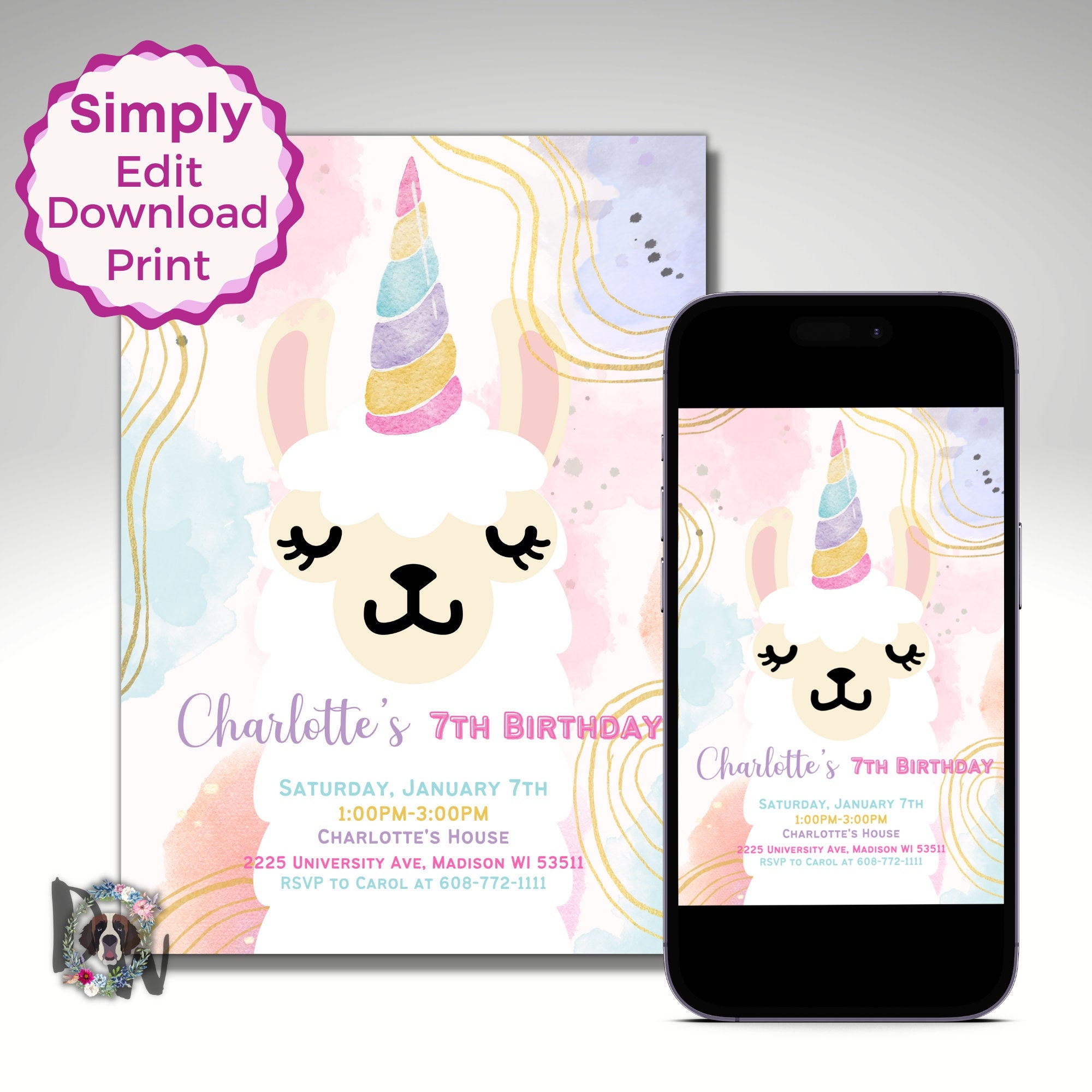 Llamacorn Birthday Invite Template, Printable Llama Unicorn Invitation ...