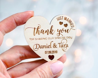 Personalized Wood Heart Wedding Favor Magnet: Rustic Thank You Tags