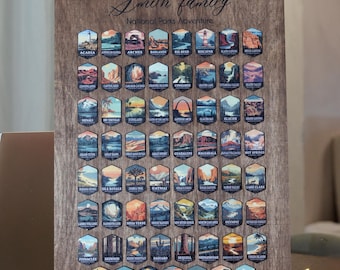 May include: Wooden sign featuring a family's National Parks Adventure. The sign displays colorful illustrations of various national parks, with the text "the Smith family" and "National Parks Adventure". The phrase "explore the outdoors" is at the bottom.