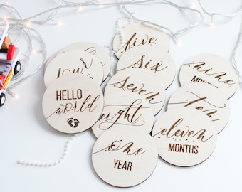 Wooden Baby Monthly Milestone Discs: Newborn Photo Prop Set
