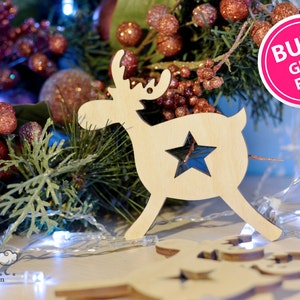 Set of 6 Laser Cut Birch Plywood Stag Christmas Ornaments