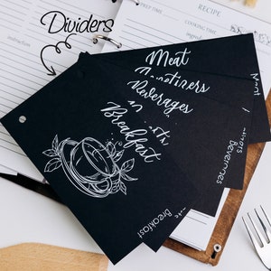 May include: Black recipe dividers with white text. The dividers are labeled "Breakfast", "Beverages", "Meat", and "Dinners".