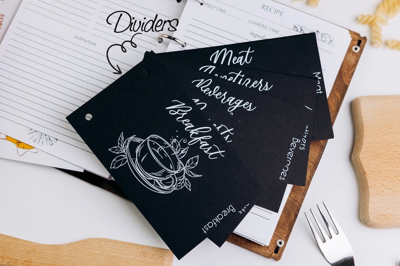 May include: Black recipe dividers with white text. The dividers are labeled "Breakfast", "Beverages", "Meat", and "Dinners".
