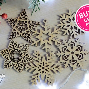 Laser Cut Wood Snowflake Ornaments: Set of 6 Birch Christmas Decorations