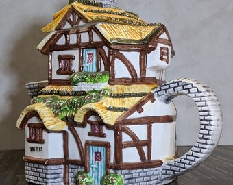 Vintage tea pot - cottage collectible porcelain, unique cookie jar or tea bag storage or tea party decor