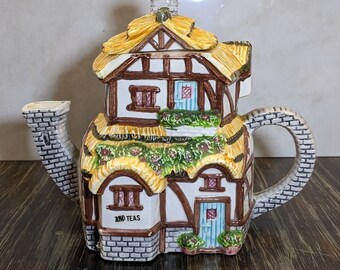 Vintage tea pot - cottage collectible porcelain, unique cookie jar or tea bag storage or tea party decor