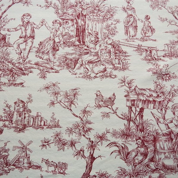 Tissu ancien impressions toile de Jouy pour patchwork, coloris rose