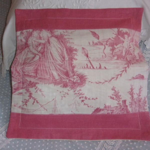 Housse de coussin , tissus anciens, lin et toile de Jouy rose 19 ème