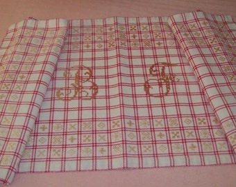 Vintage big top furniture embroidered, curtain, tablecloth, Monogram BF