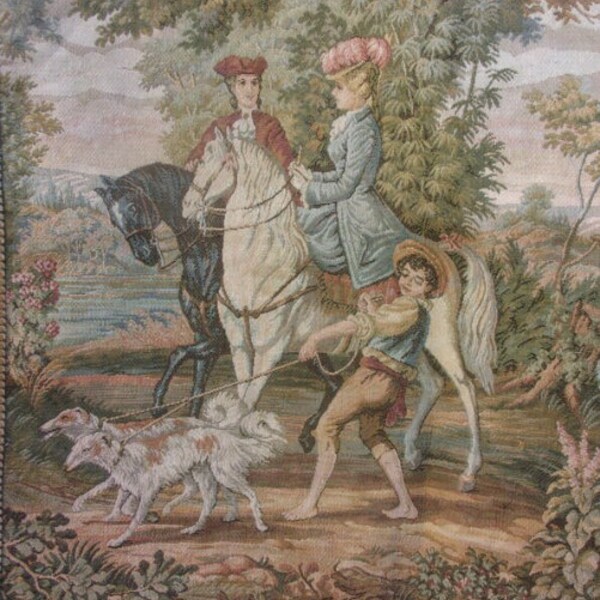 Tapisserie vintage romantique , scène chevaux enfant et chiens, scène campagnarde