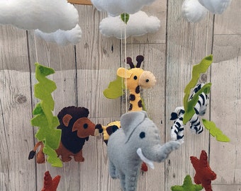 Safari nursery mobile con arcobaleno, animali in feltro leone, giraffa, zebra, elefante, presepe mobile, soffitto mobile, regalo neonato, lettino mobile