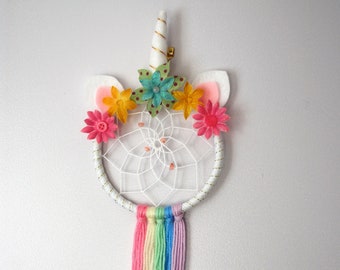 Personalised rainbow unicorn dreamcatcher, cute birthday gifts for daughter, custom childs party gift, girls boho floral bedroom wall decor