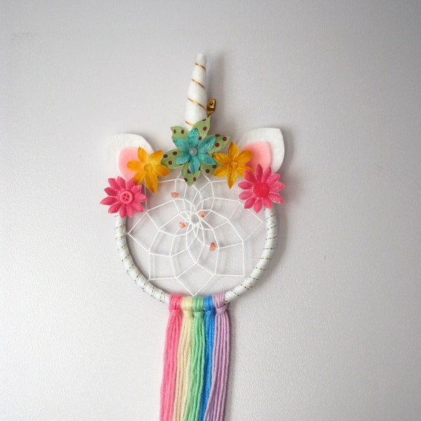 Personalised rainbow unicorn dreamcatcher, cute birthday gifts for daughter, custom childs party gift, girls boho floral bedroom wall decor