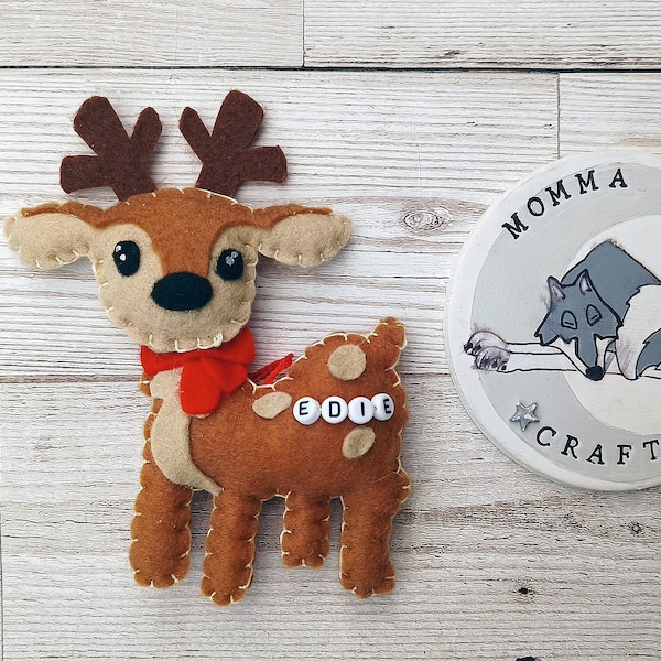 Reindeer Christmas decoration, personalised felt reindeer ornament, custom gift, personalised with child's name, cute xmas decor