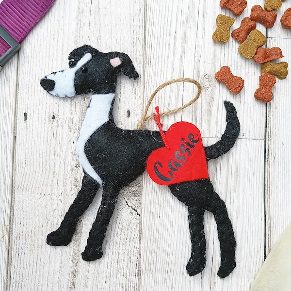 Personalised Greyhound hanging decoration, felt whippet, pet memorial, Lurcher gift, dog ashes keepsake