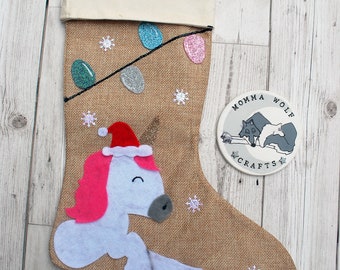 Unicorn personalised Christmas stocking, personalised with child's name, cute xmas decor