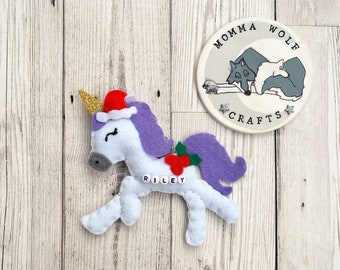 Unicorn Christmas decoration, personalised felt tree ornament.