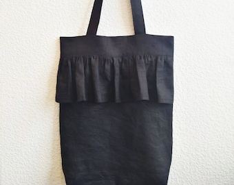 Linen Tote Bag, Tote Bag Canvas, Organic Bag, Tote Bag for Women, Linen Shopping Bag, Linen Shoulder Bag, Romantic Tote Bag, Black Tote Bag