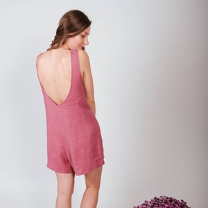 Short linen jumpsuit / Womens linen overalls / Pink women jumpsuit / Linen shorts / Linen one piece / Open back / Pink jumpsuit image 2