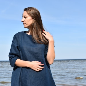 Linen tunic / Oversized linen tunic / Mini dress / Blue linen dress / Loose linen dress / Long sleeves dress / Maternity linen dress