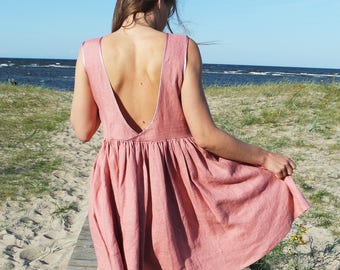 Linen dress, Pink linen dress, Naked back dress, Linen summer dress, Maternity dress, Sleeveless dress, Sexy linen dress, Handmade dress