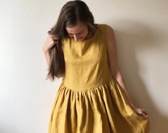 Yellow linen dress, Womens linen dress, Yellow linen dress, Linen short dress, Mustard dress, Linen clothing, Loose linen dress