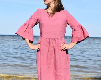 Pink linen dress, Linen dress, Pink dress, Linen womens dress, With sleeves, Maternity dress, Linen short dress, Linen, Ruffle sleeves