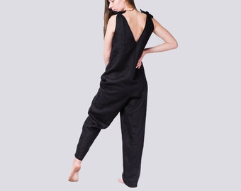 Linen jumpsuit with belt, Black linen overalls, Naked back overalls,  Long pants overalls, Linen pants suit women, Oversized jumpsuit