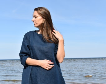 Linen tunic / Oversized linen tunic / Mini dress / Blue linen dress / Loose linen dress / Long sleeves dress / Maternity linen dress