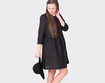 Linen dress, Black linen dress, Black dress, Linen womens dress, With sleeves, Maternity dress, Linen short dress, Linen, Black linen clothe