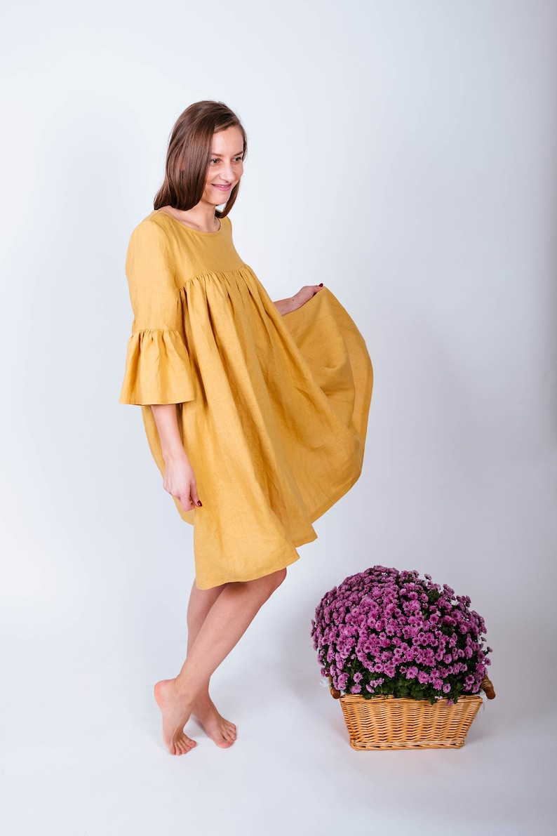 Yellow Linen Dress Linen Ruffle Dress Dress With Sleeves Etsy