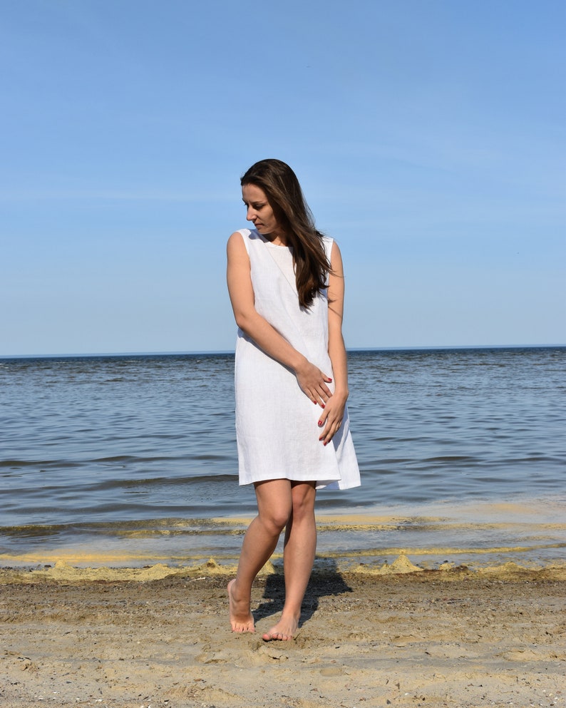 White linen tunic, Linen mini dress, A line dress, Linen summer dress, Sleeveless dress, Linen tunic, White dress, Tunic image 9