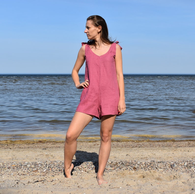 Short linen jumpsuit / Womens linen overalls / Pink women jumpsuit / Linen shorts / Linen one piece / Open back / Pink jumpsuit image 5