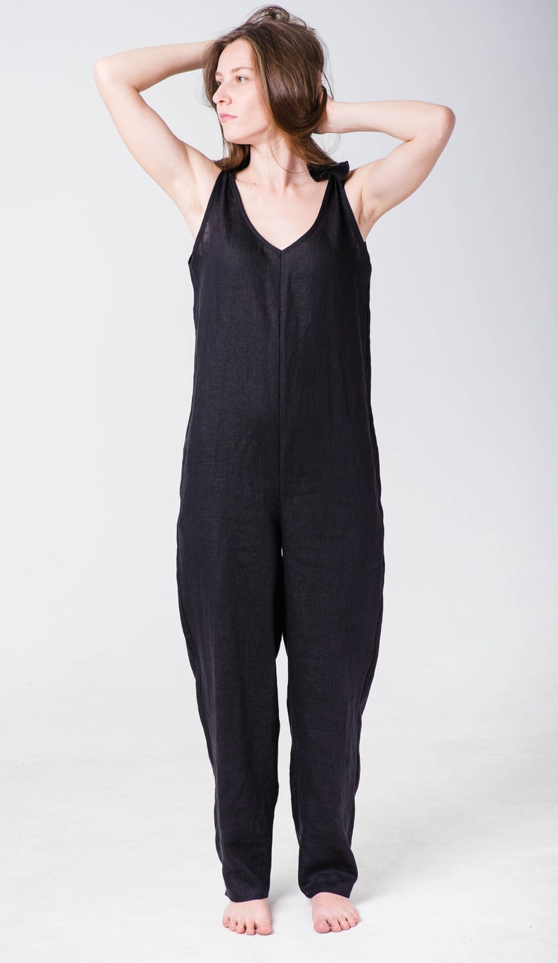 Linen Jumpsuit With Belt, Black Linen Overalls, Naked Back Overalls