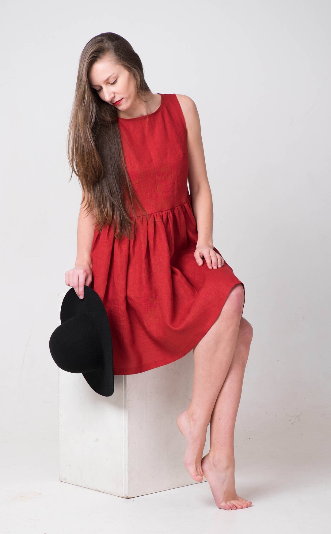 Red Linen Dress: Women's Short Handmade Summer Dress