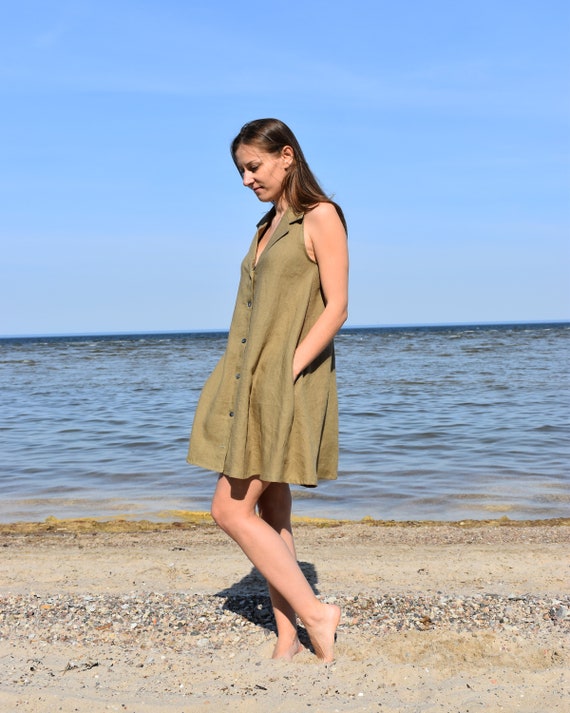 khaki linen shirt dress