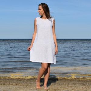 White linen tunic, Linen mini dress, A line dress, Linen summer dress, Sleeveless dress, Linen tunic, White dress, Tunic image 2