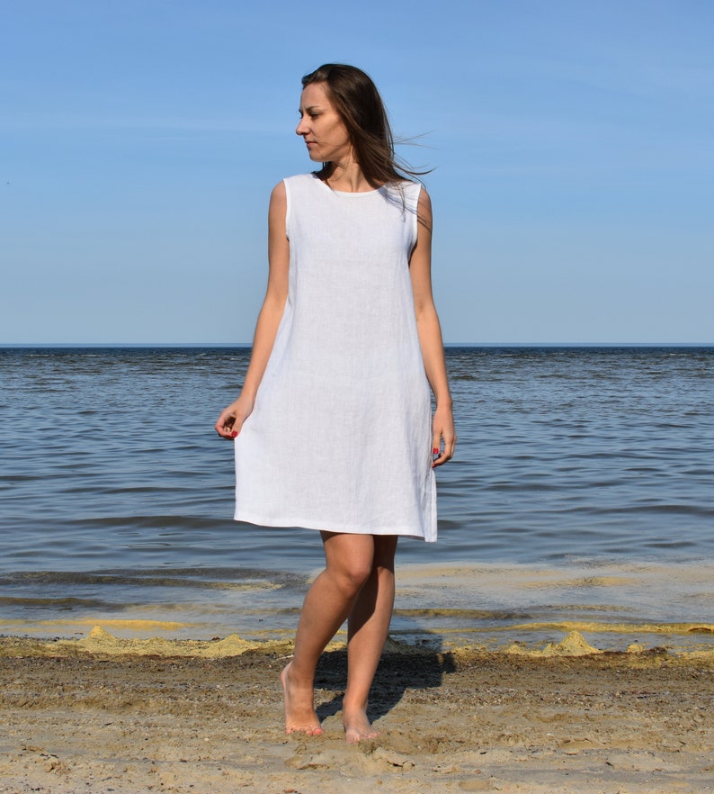 White linen tunic, Linen mini dress, A line dress, Linen summer dress, Sleeveless dress, Linen tunic, White dress, Tunic image 2