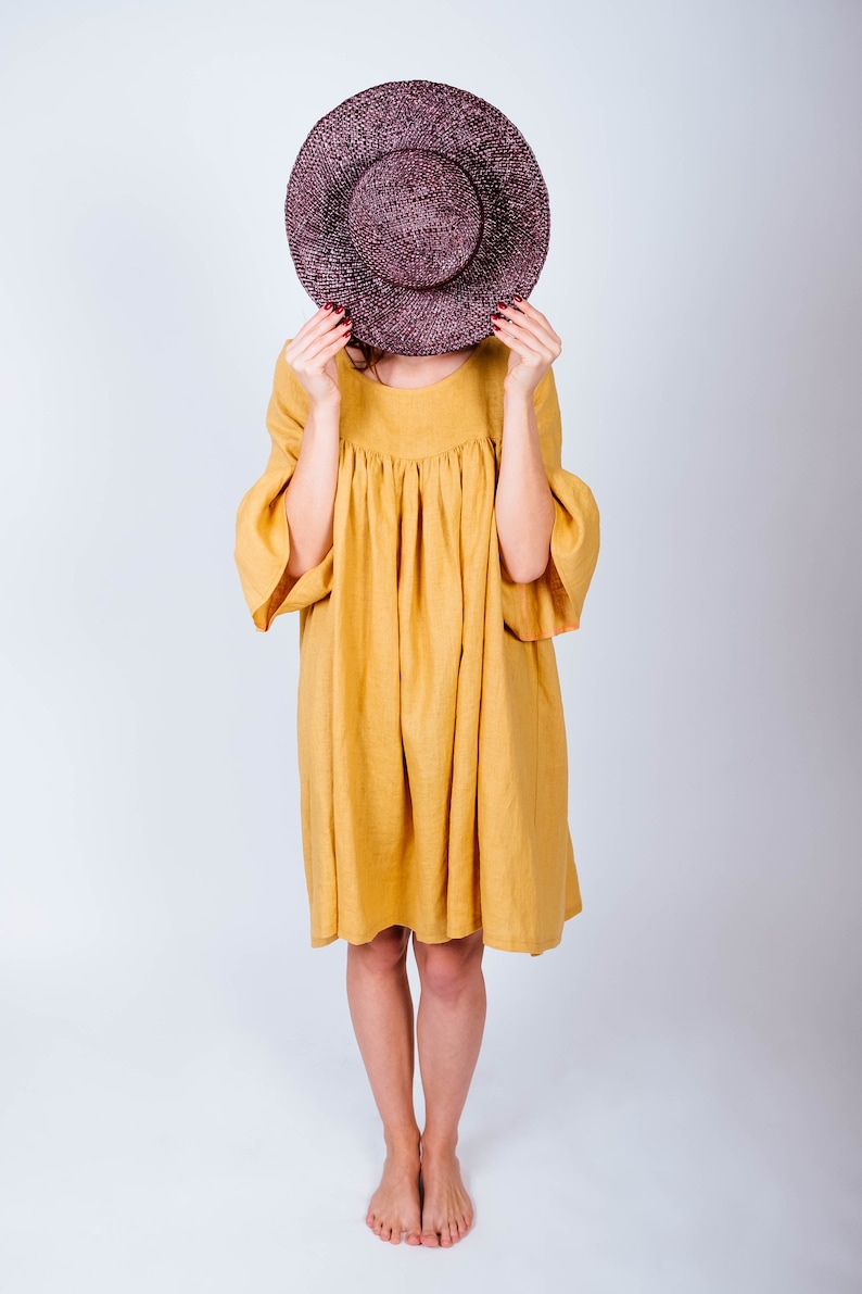 Yellow Linen Dress Linen Ruffle Dress Dress With Sleeves Etsy