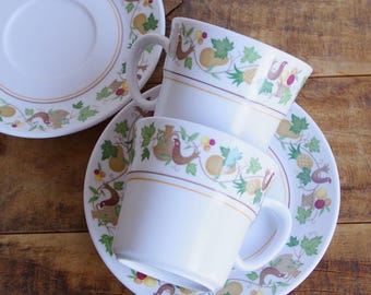 2x Noritake Progression Homecoming Cups & Saucers Dove Pineapple Vintage Japan 1960s 1970s Pair Bird Fruit (#261012-1)