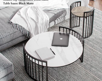 Modern Round Coffee Table With Ceramic Top, Contemporary Side Table, Industrial Plant Stand, End Table With Stone Top, OscO