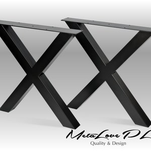 A true industrial design – metal X shape table legs for table or desk. They perfect match to workstation, long home office table, walnut butcher block desk, live edge tabletop, epoxy river table, oak slab tabletop.