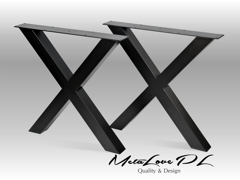 A true industrial design – metal X shape table legs for table or desk. They perfect match to workstation, long home office table, walnut butcher block desk, live edge tabletop, epoxy river table, oak slab tabletop.