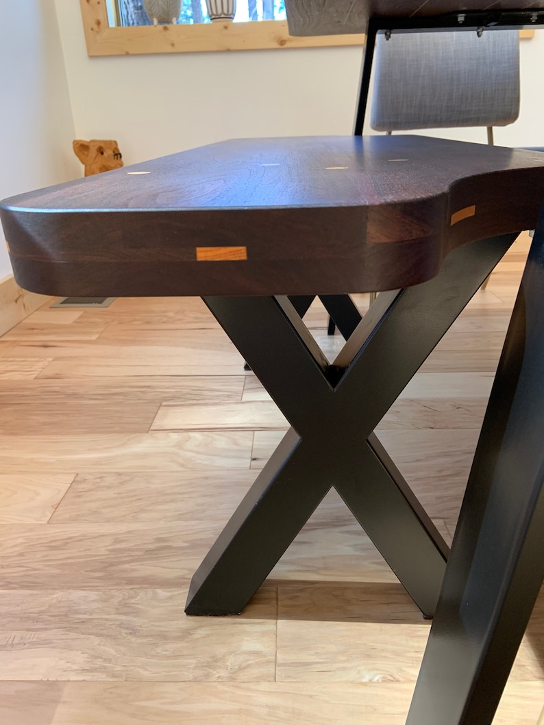 A true industrial design – metal X shape table legs for table or desk. They perfect match to workstation, long home office table, walnut butcher block desk, live edge tabletop, epoxy river table, oak slab tabletop.