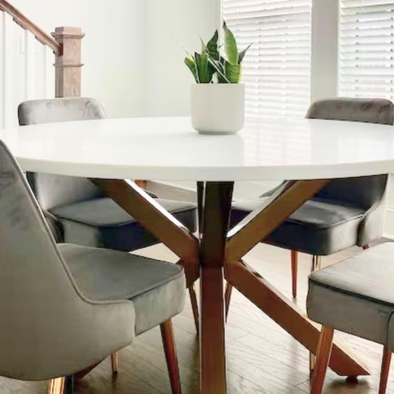 Base Per Tavolo Da Pranzo In Legno Di Faggio, Gambe Per Piano In Vetro O Legno, Design Mid-Century, Facile Montaggio Con Strumenti Inclusi, 30 Giorni Di Reso