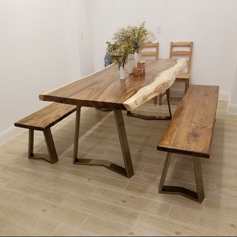 Trapezoidal table legs in an eye-catching brushed gold finish.  Shiny legs in gold powder coat look amazing with epoxy river table or live edge wood top. Match to them modern bench legs in awesome brushed gold finish.