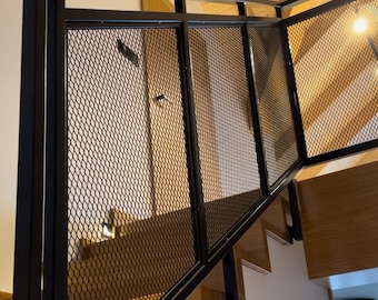 Industrial Metal Railing / Balustrade with Expanded Metal Mesh Infill, Powder-Coated, Custom Size – Loft Stairs or Balcony